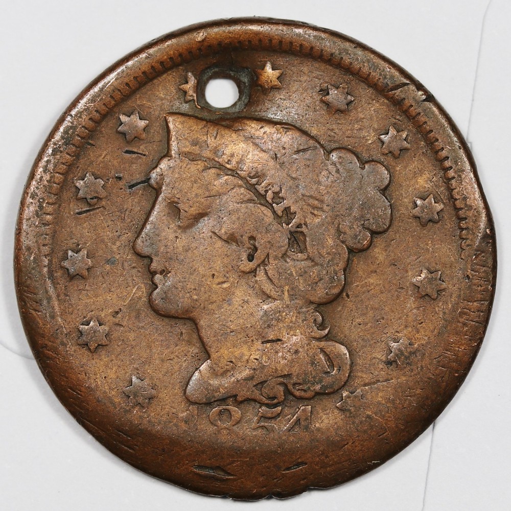 1854 Large Cent.  Holed.  212761