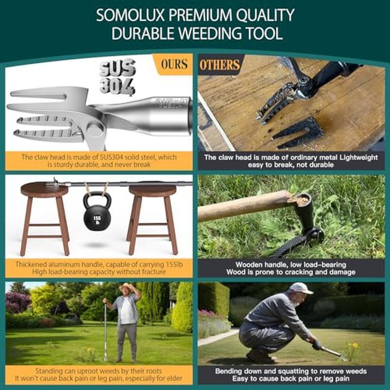 Stand-Up Weed Puller Tool Metal Handle Stainless Steel Claws No Bending Weeding