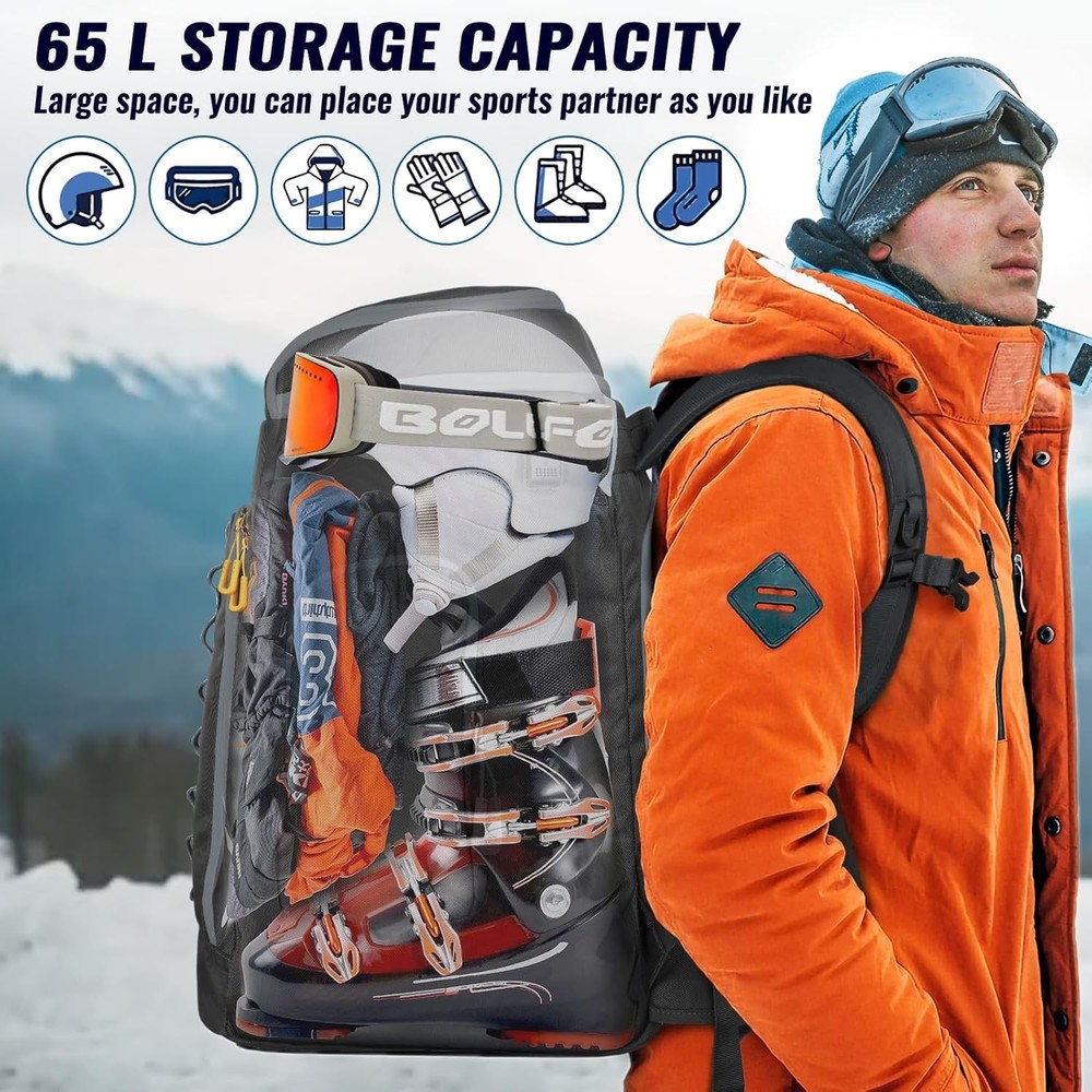 Ski Boot Bag 65L Durable Travel Backpack 1680D Nylon Waterproof Snowboard Boot
