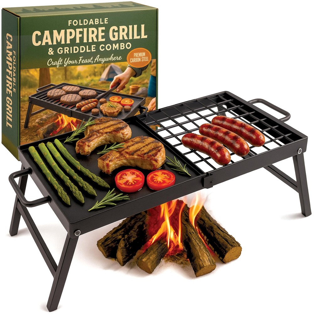 Foldable Carbon Steel Campfire Grill Portable Grate Griddle Fire Pit BBQ