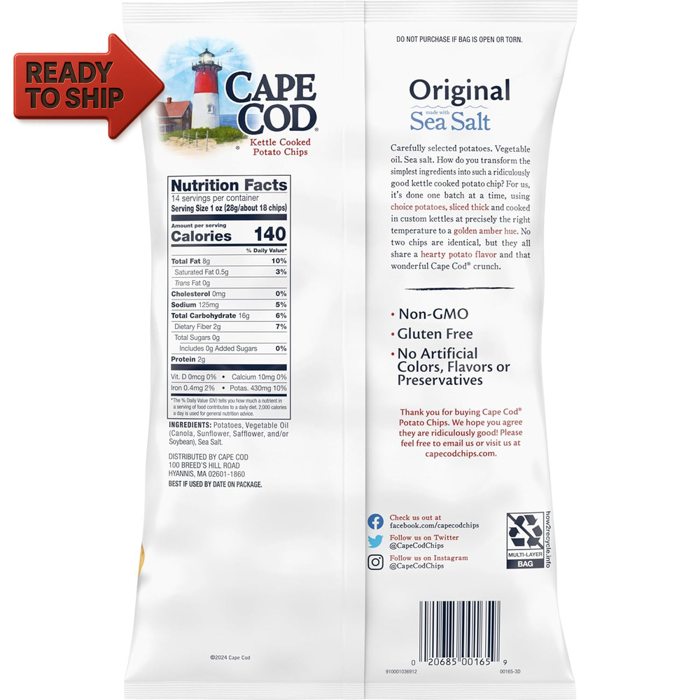 Cape Cod Potato Chips, Original Kettle Chips, 14 Oz Party Size (Pack of 3)