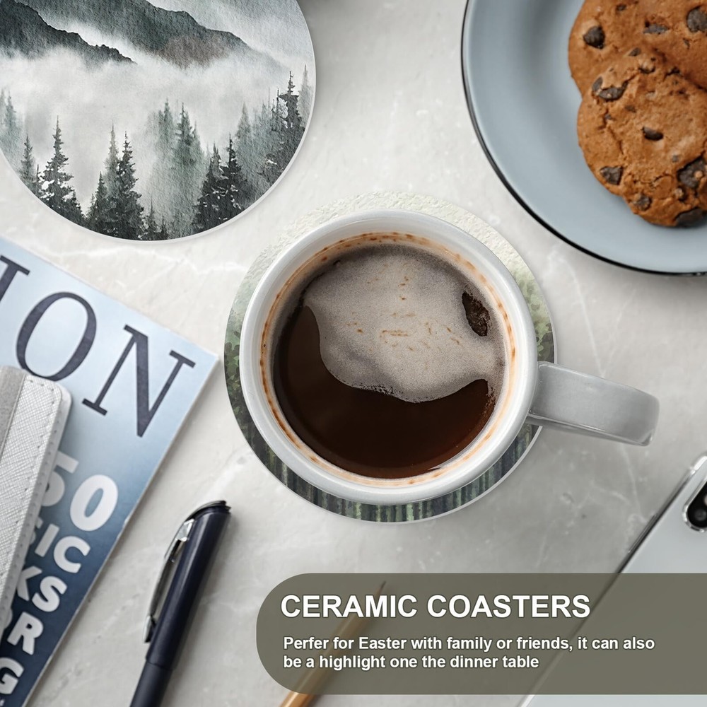 Whaline 6Pcs Forest Coasters with Holder Misty Forest Ceramic Drink Coasters ...