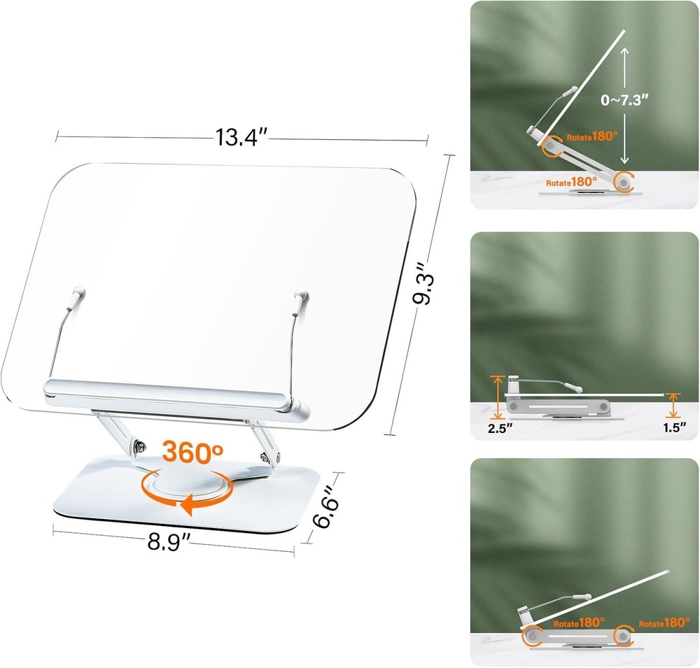 Acrylic Book Stand Reading Adjustable Book Holder W/ 360° Rotating Base &