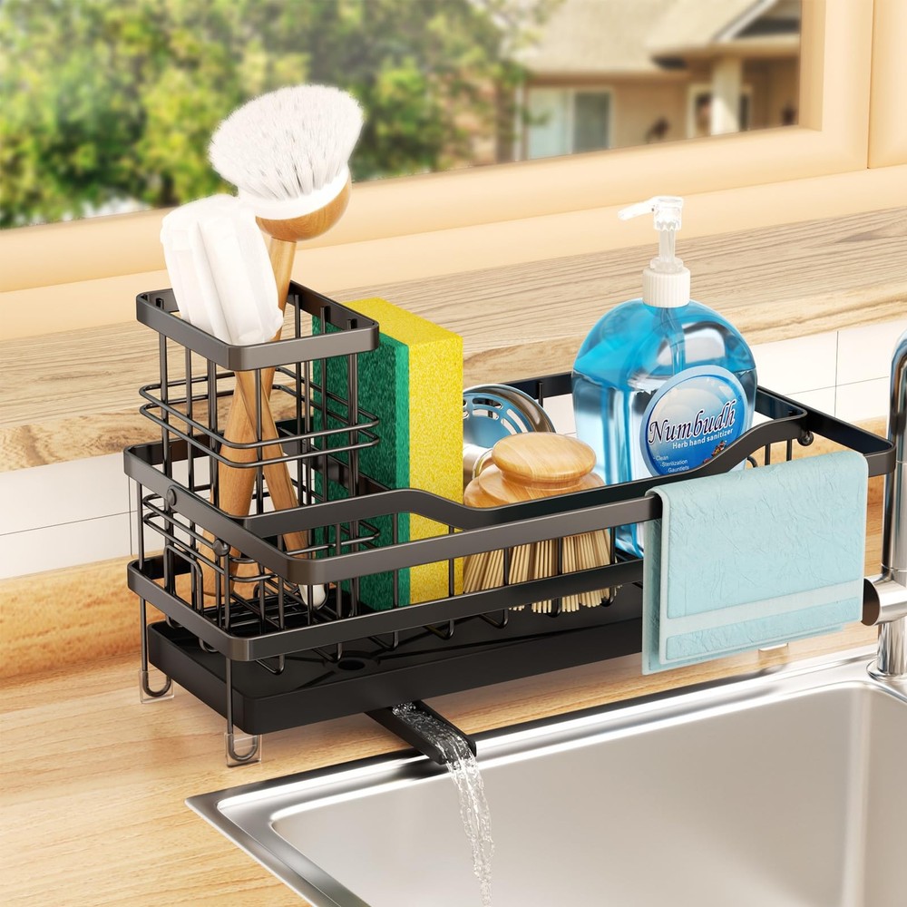 Sponge Holder for Kitchen Sink, Self-draining Sink Organizer with Towel Rack ...