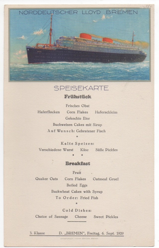 1929 Breakfast Menu North German Lloyd Steamship Bremen nice Graphics
