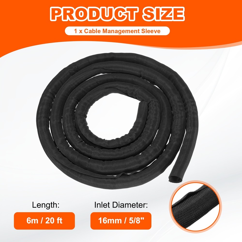 Wire Split Braided Cable Management Sleeve, Black (5/8" - 20 Feet)