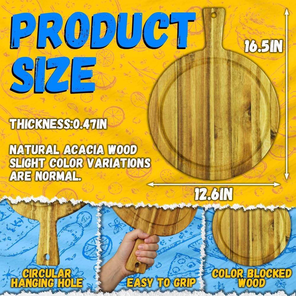 Acacia Wood Cutting Board With Handle, Round Cutting Boards For Kitchen, Deco...
