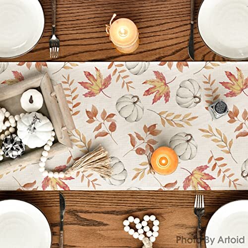 Pumpkins Fall Maple Leaves Fall Table Runner, 13" x 72", Table Runner Orange