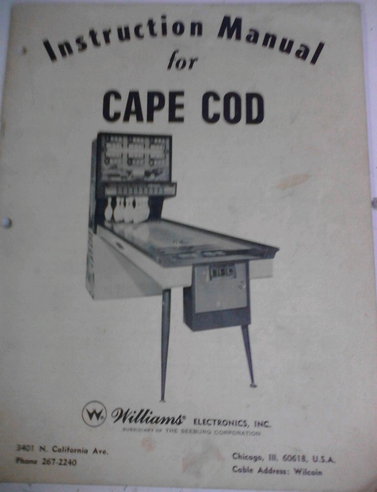 Williams CAPE COD Arcade Video Game Manual - good used original
