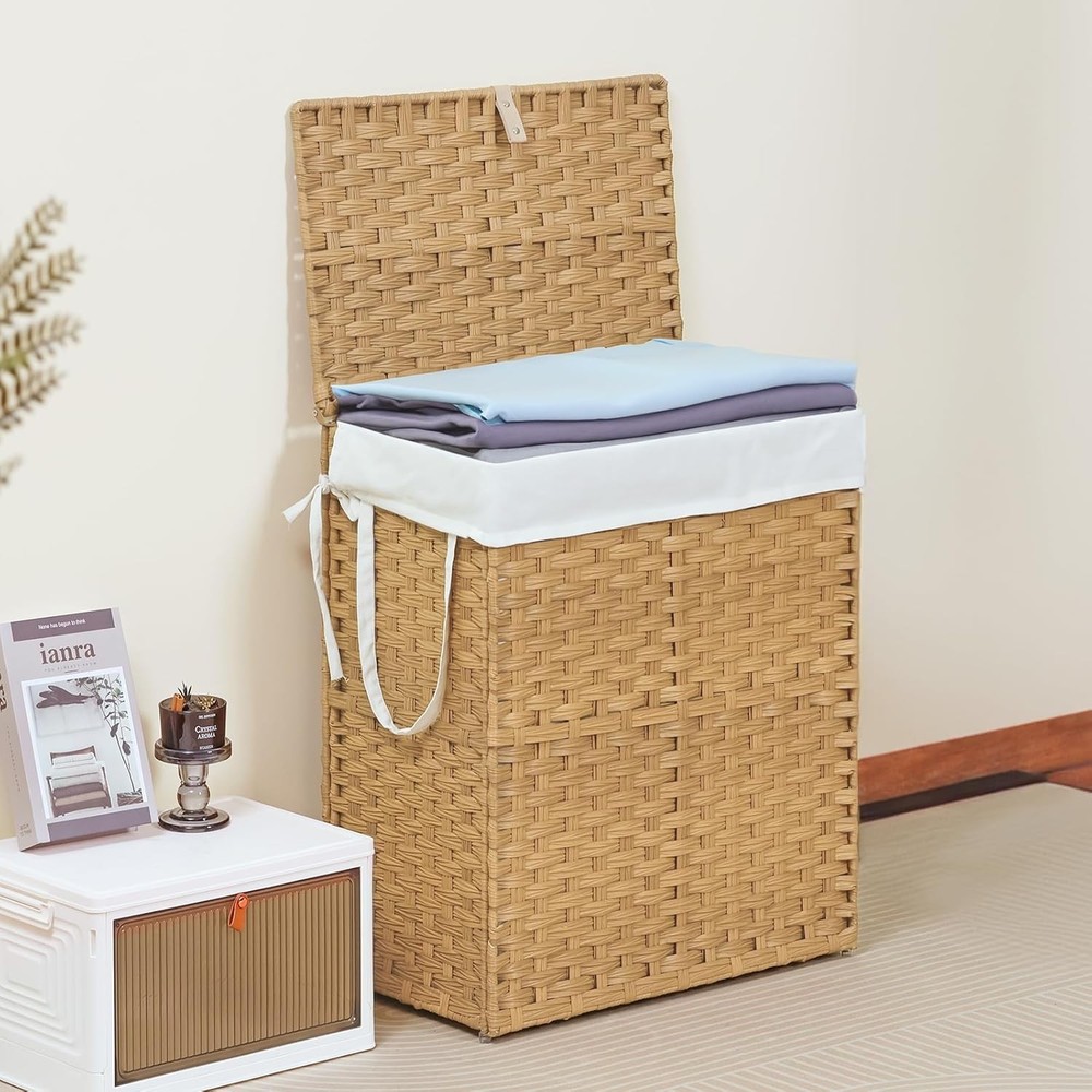 Woven Laundry Basket W/ Lid 90L Large Capacity Hamper Removable &