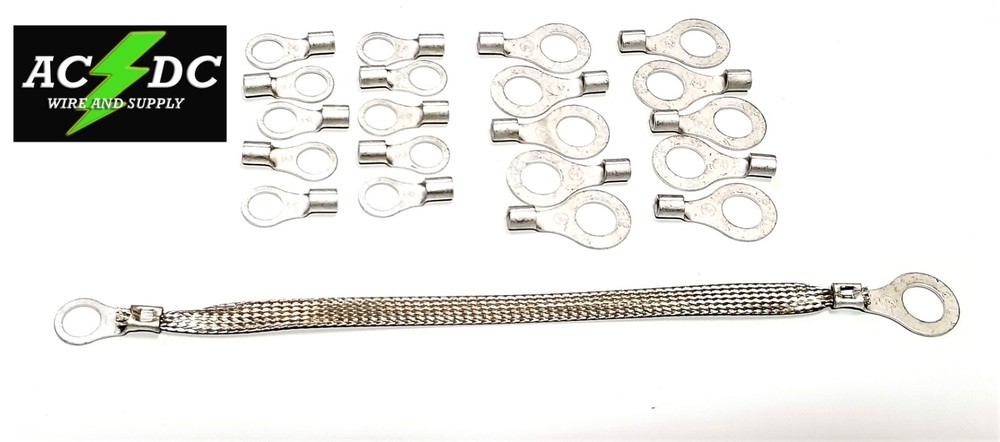 10' TINNED Copper Ground Strap Cable KIT + DIY Terminal Kit 3/8" FLAT Braid Wire