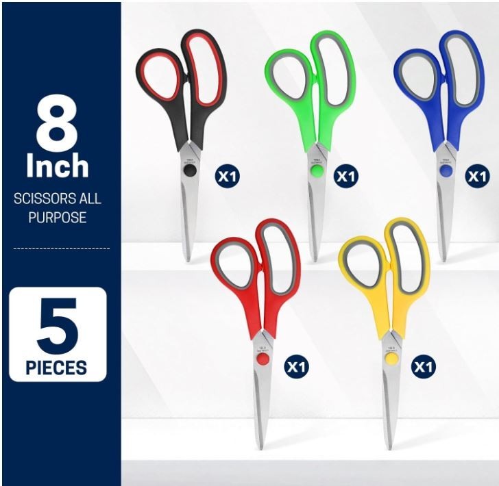 5-Pack, 8" Scissors All Purpose Comfort-Grip Handles Sharp