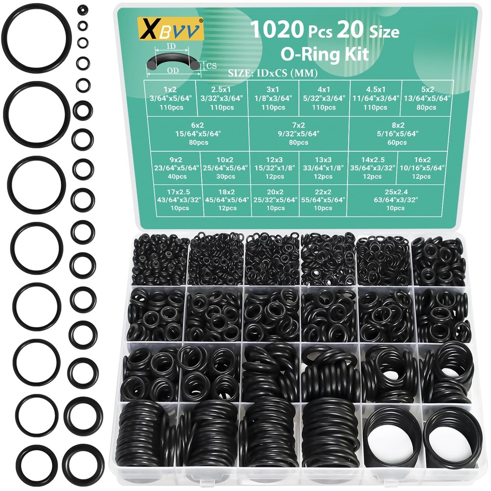 XBVV 1020 Pcs O Ring Kit 20 Size Nitrile Rubber O Assortment Set Black