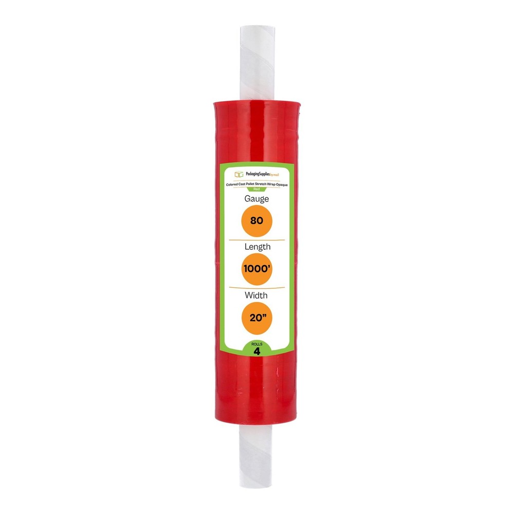 4 Rolls Opaque Red 20" x 1000 Ft. Extended Core Pallet Stretch Wrap, 80 Gauge