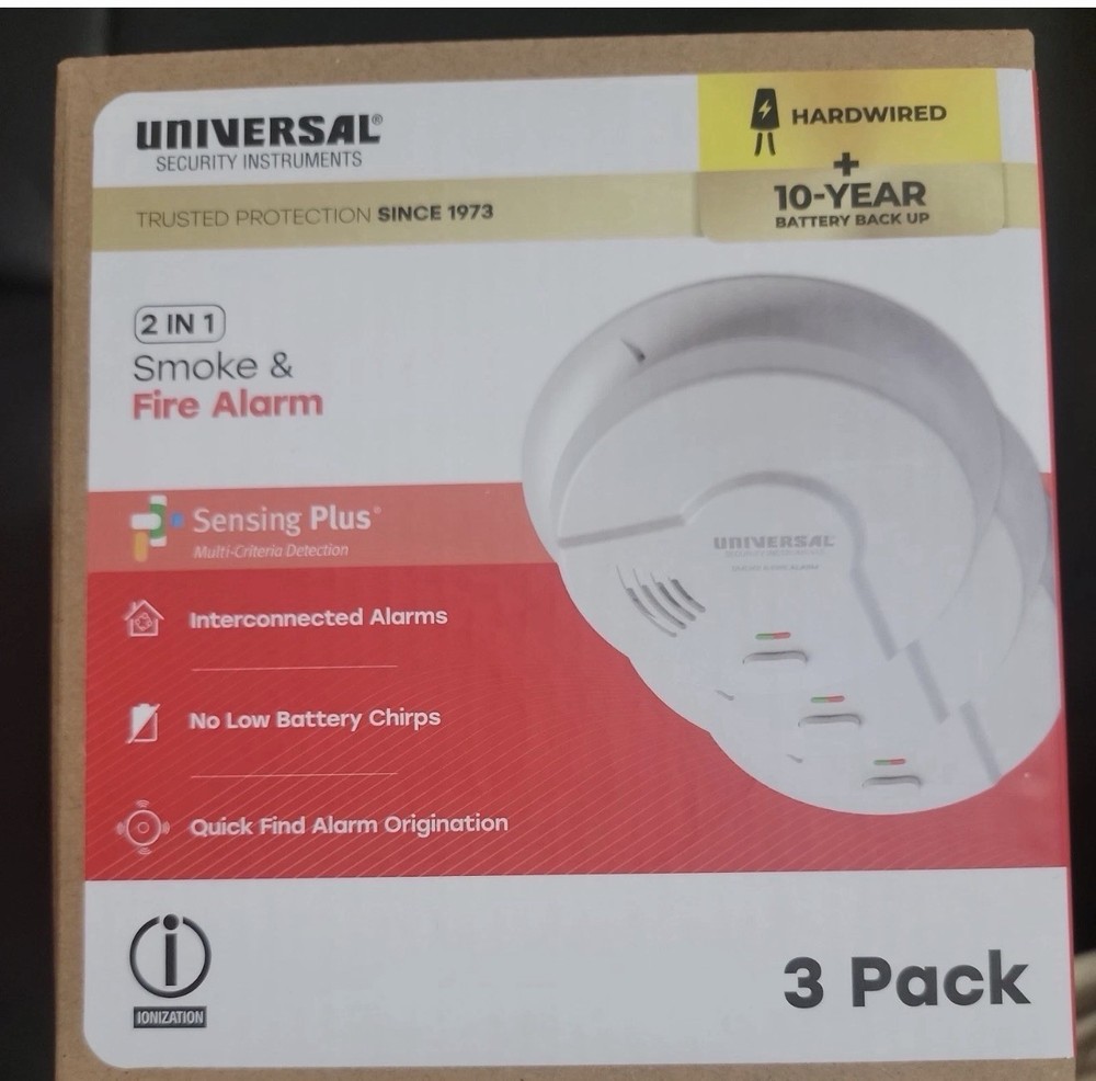 Universal Security 3 Pack Hardwired Smoke Detector W/ Ionization Sensor