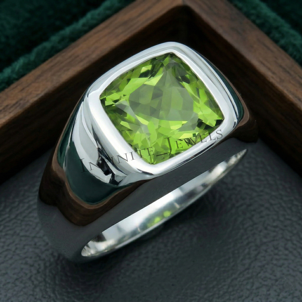 Peridot Ring for Men 925 Silver, Green Gemstone Ring Personalized Gift for Him
