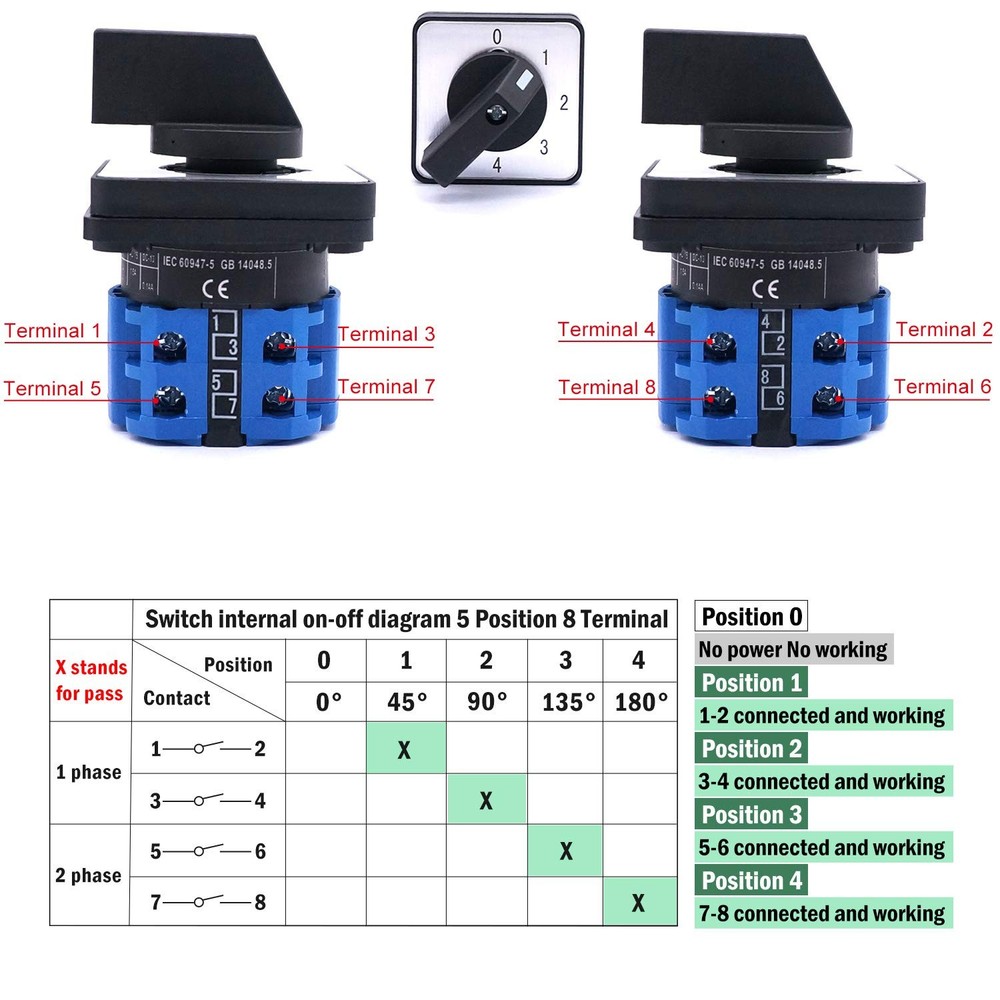 Universal Changeover Switch 20A 550V 4-Position Rotary Cam Selector 8-Terminals