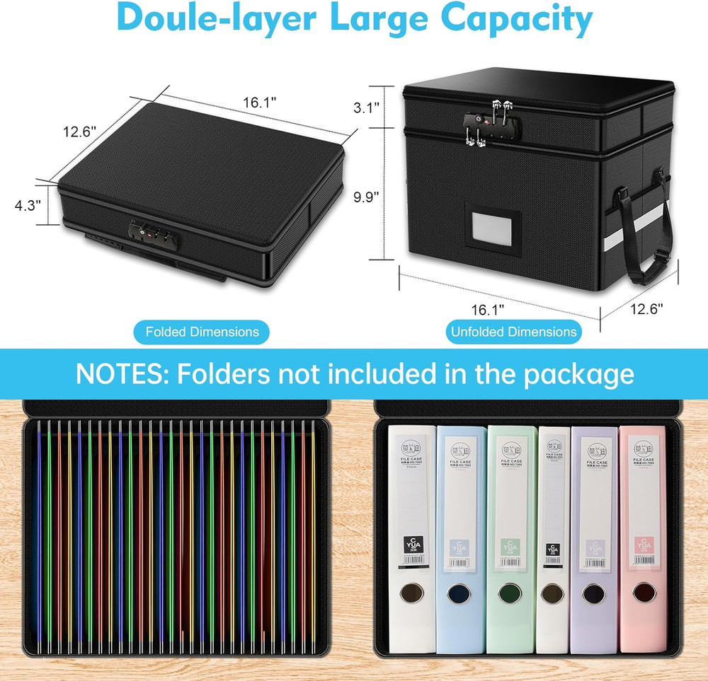 Fireproof Document Box with Lock, 2 Layer Fire Proof File Box for Documents with
