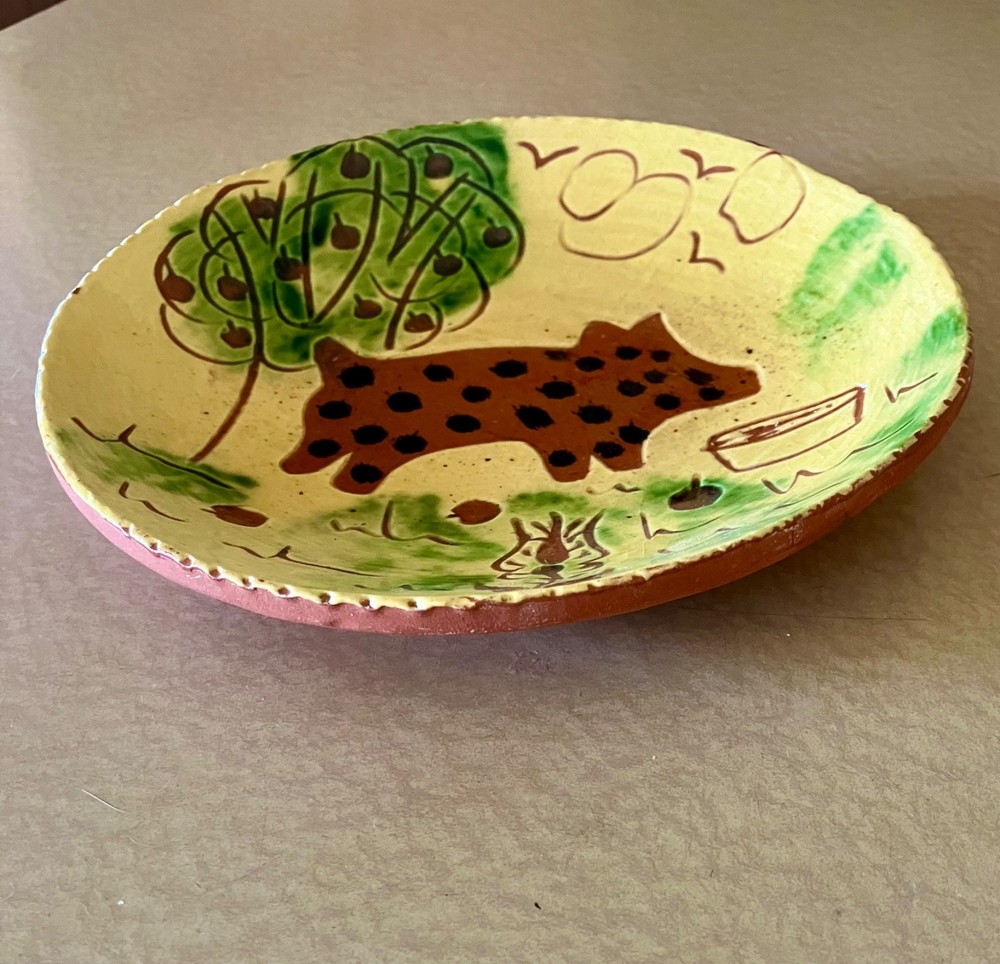 BREININGER GLAZED REDWARE 7 IN. SPOTTED PIG PLATE, 1981