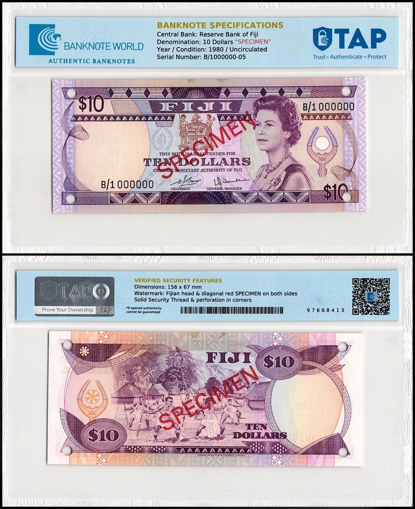 Fiji 10 Dollars, 1980 ND, P-79s2, UNC, w/ Rust, Specimen, TAP Authenticated