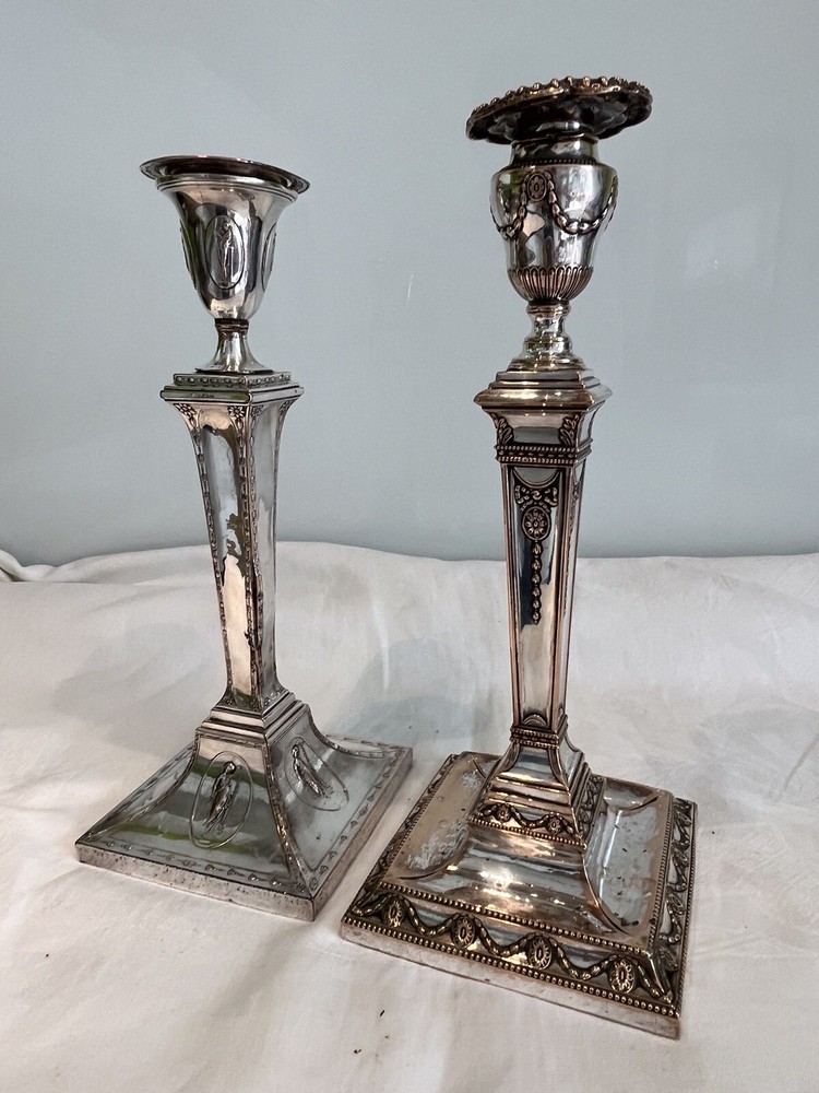 2 Early 19thc Antique Silver Plated Classical Themed Candlesticks
