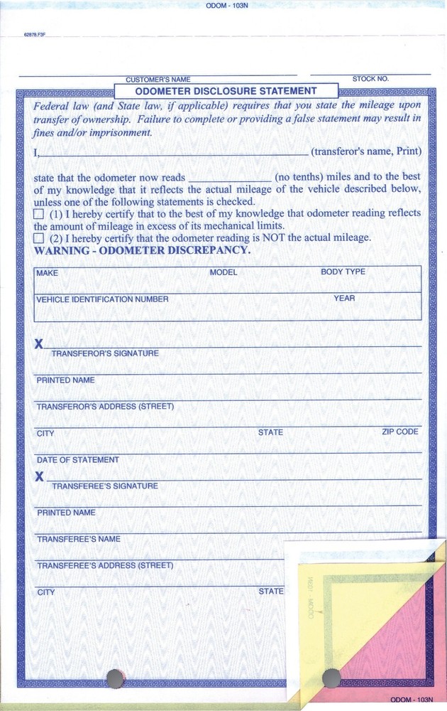 Odometer Mileage Statement 3 Part, Blue Screen qty 100