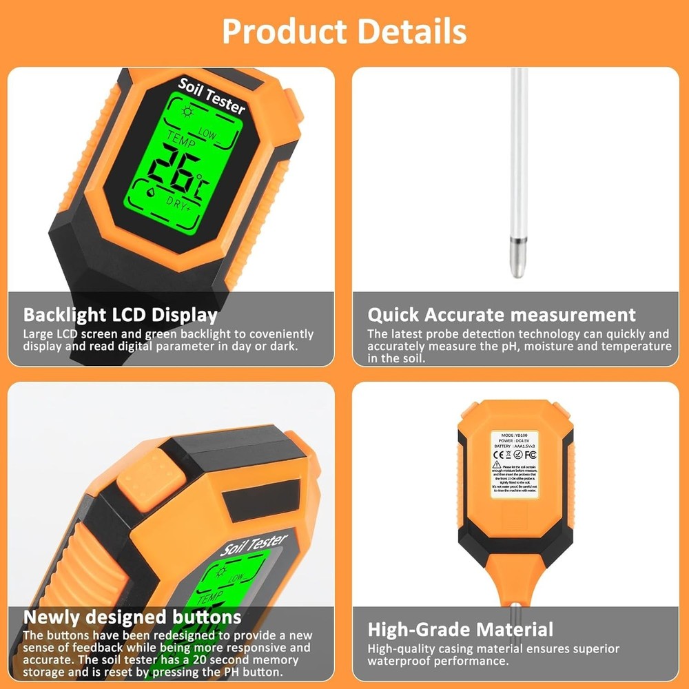4-in-1 Digital Soil Moisture Meter with PH, Temp & Light Sensor – LCD Display