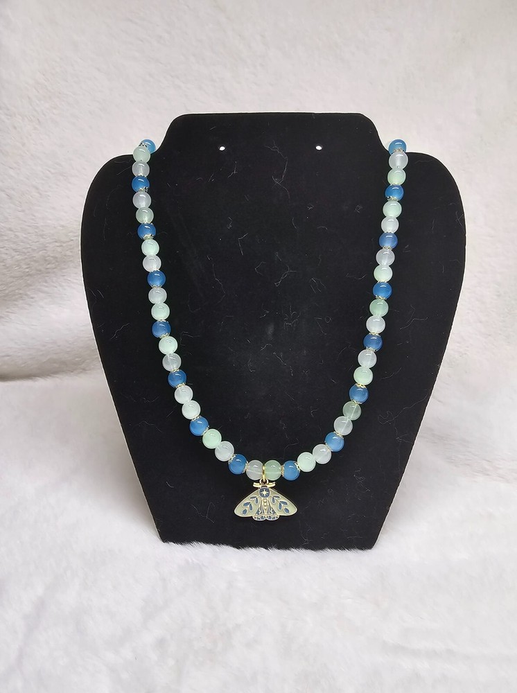 Handmade Blue & Green Glass Celestial Moth Necklace