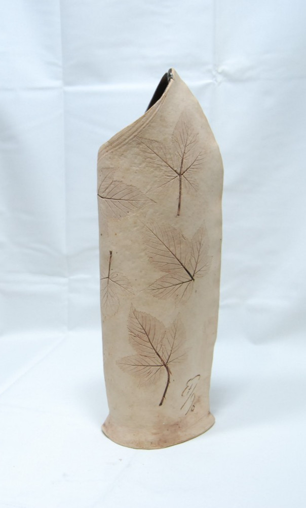 stoneware cylinder vase leaves impressed signed