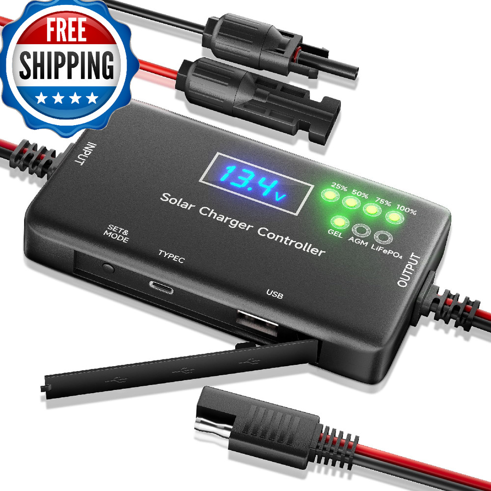 Solar Charge Controller 12V 20A, Solar Panel Charge Controller with Type-C and U