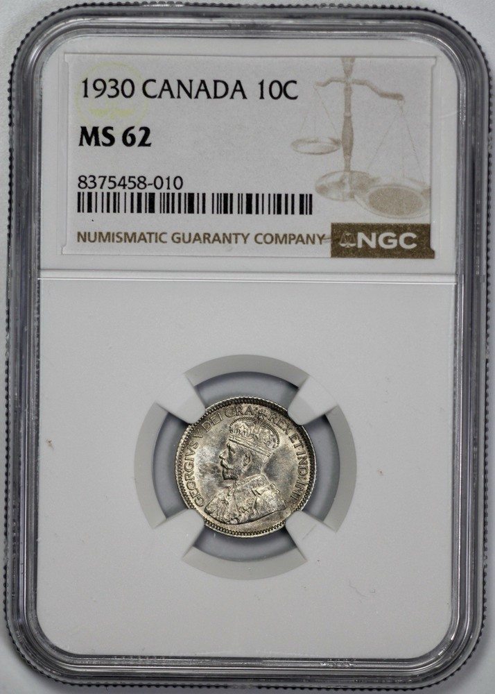 1930 Canada Silver 10 Cents NGC MS 62