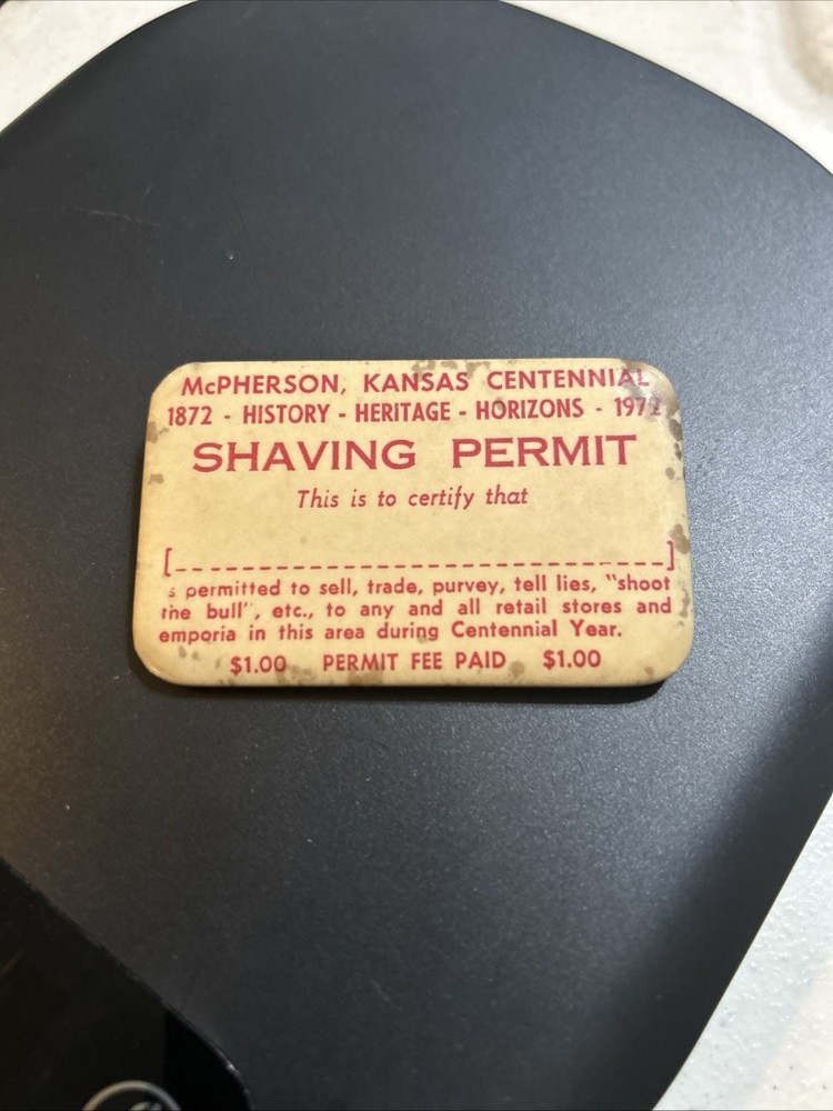 McPHERSON, KANSAS Centennial SHAVING Permit Pinback No Tracking On Package ￼