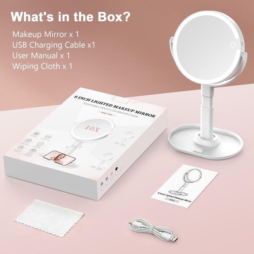 Lighted Makeup Mirror with 10X Magnification, Rechargeable LED Magnifying Van...