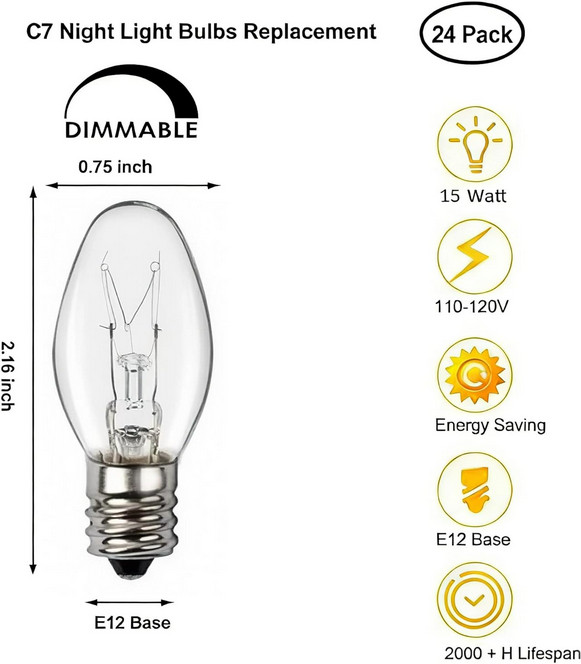 LinMiFo 24 Pack C7 Night Light Bulbs, 15 Watt Night Light Bulbs Dimmable, E12 Ca