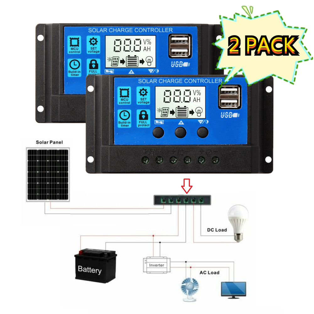 2 Packs Solar Panel Battery Charge Controller 30A 12V/24V LCD Dual USB Regulator