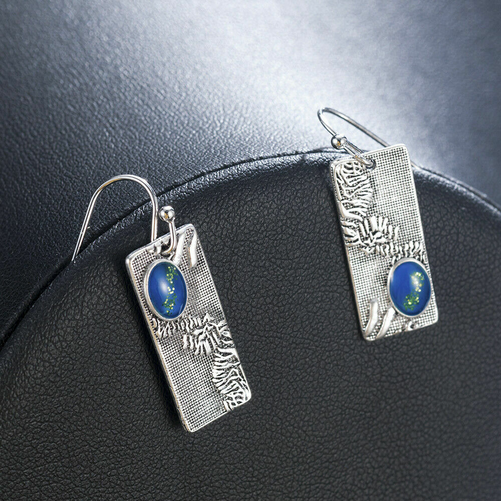 Unique New Silver Plated Blue Asymmetric Rectangle Hook Dangle Drop Earrings