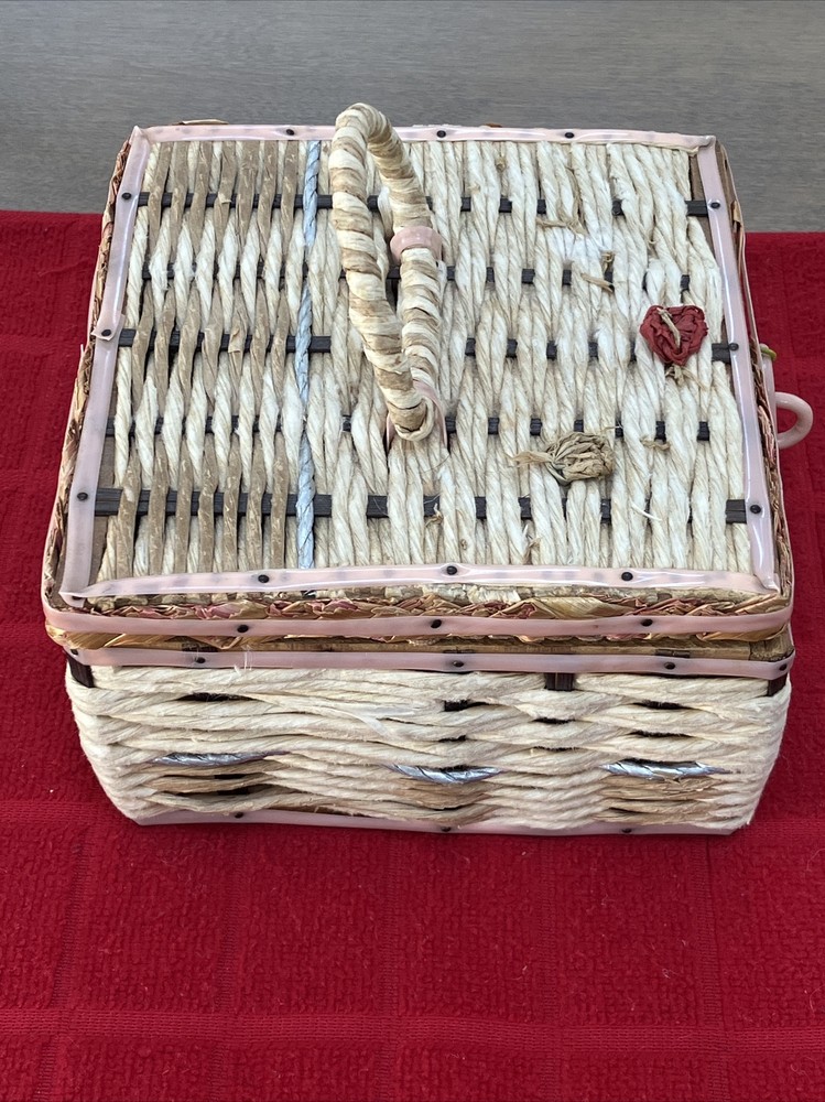 VINTAGE WICKER WOVEN SEWING BASKET-JAPAN