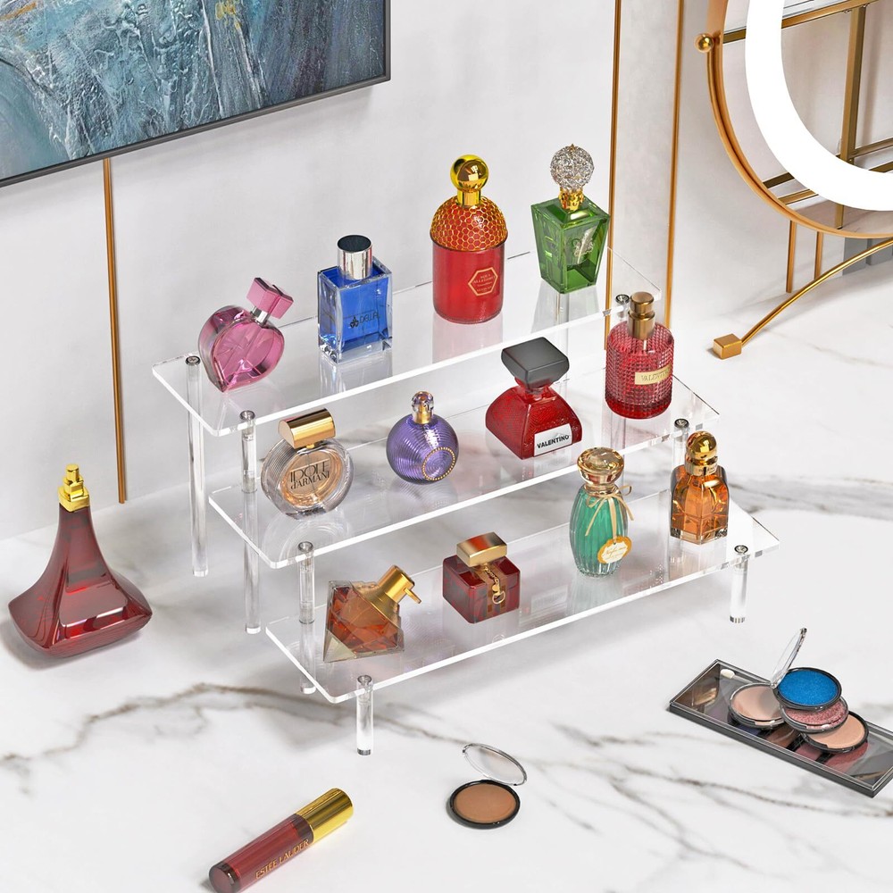 Acrylic Display Risers, 3 Tier Clear Perfume Organizer Stand, Large Shelf Riser