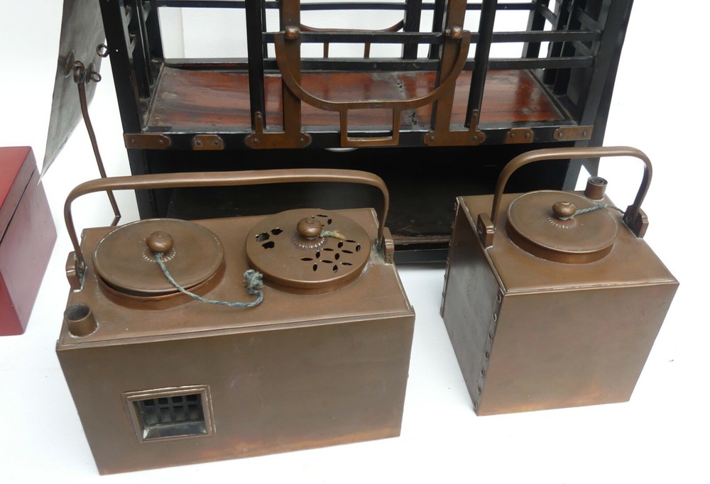 Antique Japanese copper sake warming heating w lacquer box set