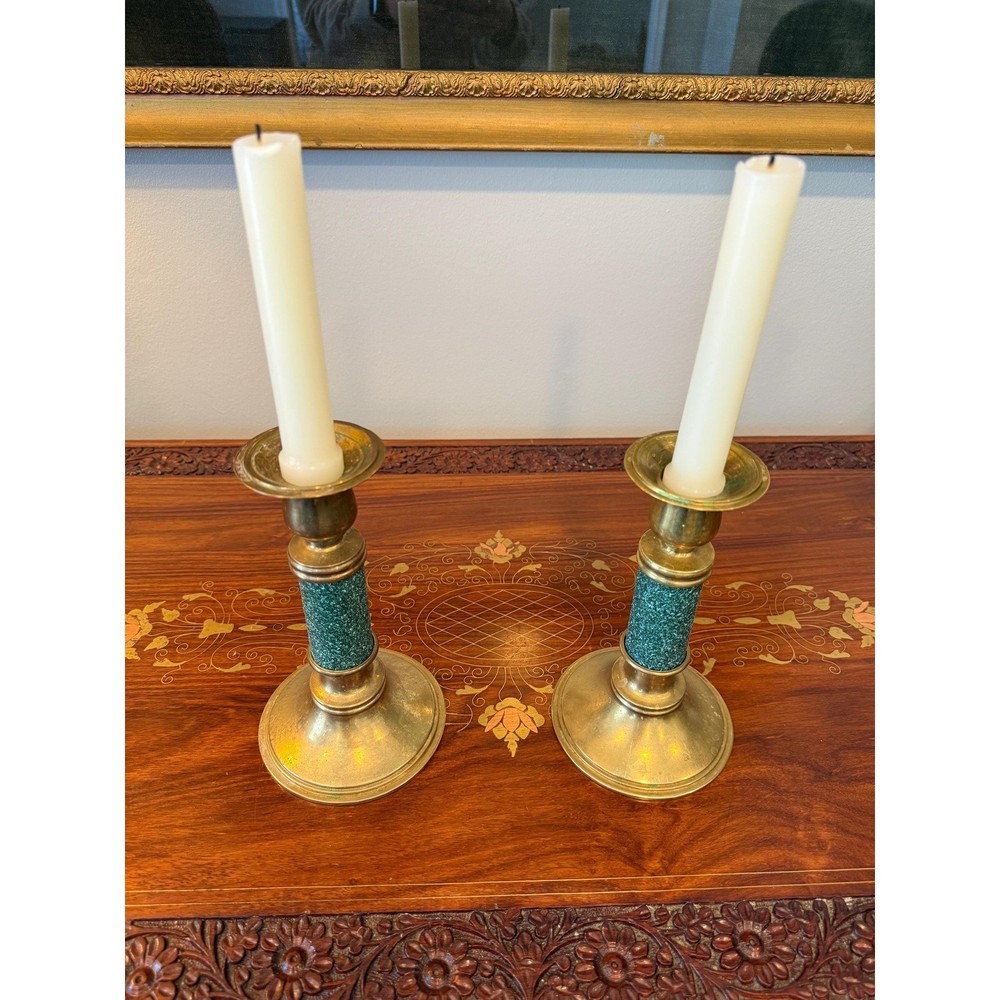 Vintage Brass & Green Candleholders – 7.5" Pair