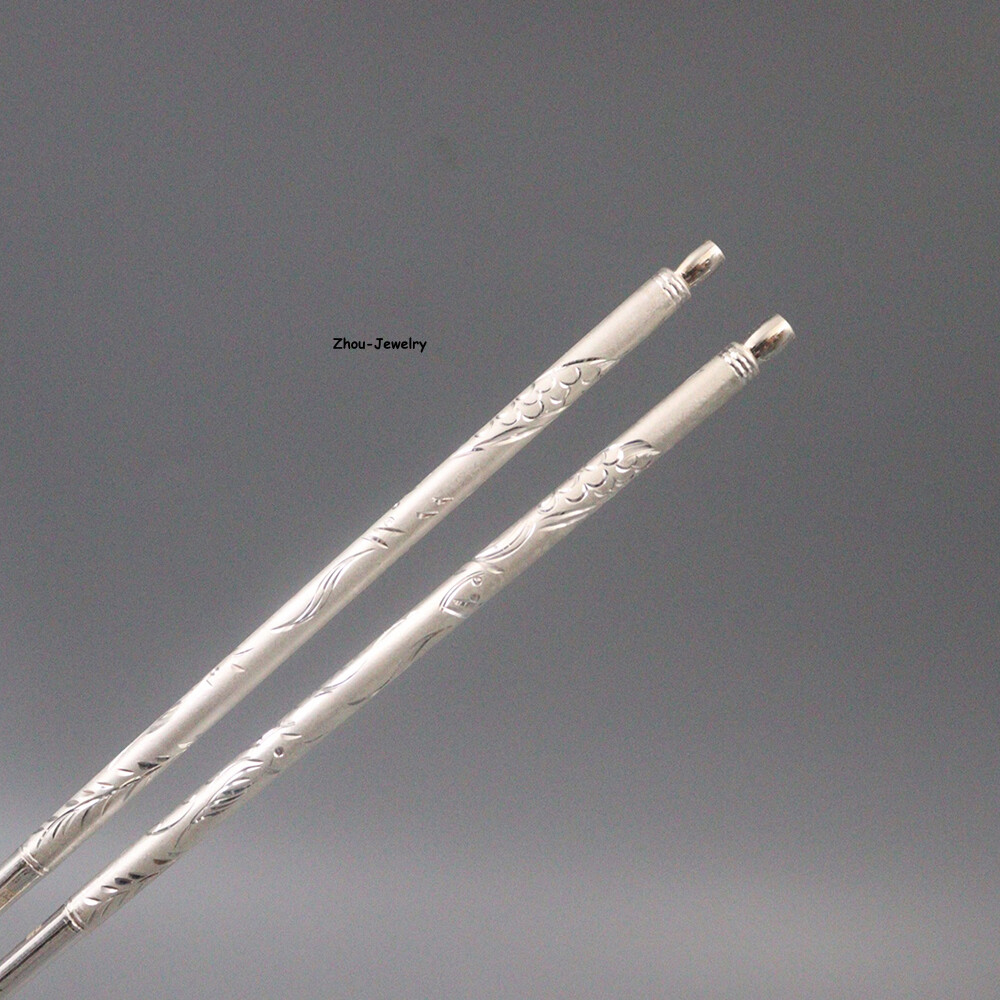Solid S999 Fine Silver 999 Dragon Pattern Chopsticks Dinnerware 50-51g 8.26in L