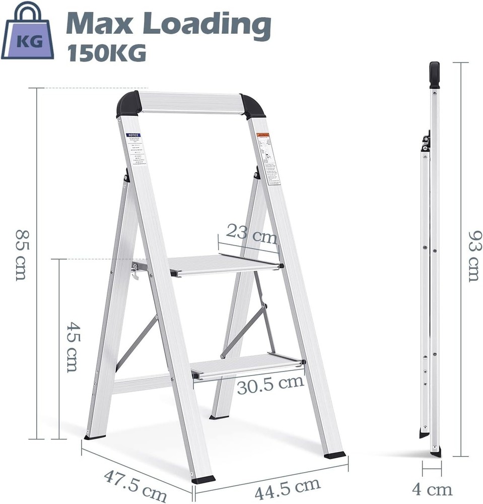 Lightweight 2-Step Aluminum Ladder with Handrail - 330lbs Load Capacity, Silver
