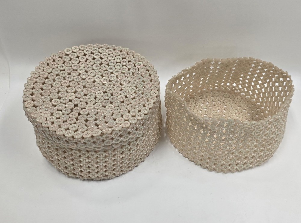 Button Basket Conatiner Lidded Bowl Storage Pink Cream