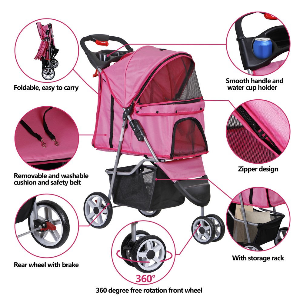 Dog Stroller 3 Wheels Pet Stroller Cat Stroller Lightweight Foldable Portable