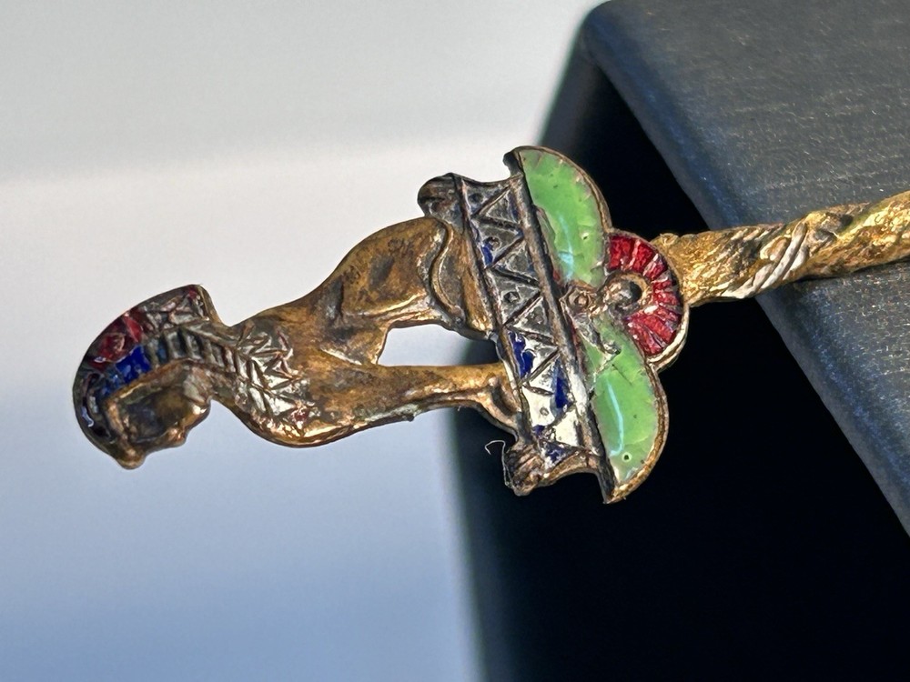 Antique Brass Champlevé Enamel Figural Sphinx Spoon Twisted Handle 19th
