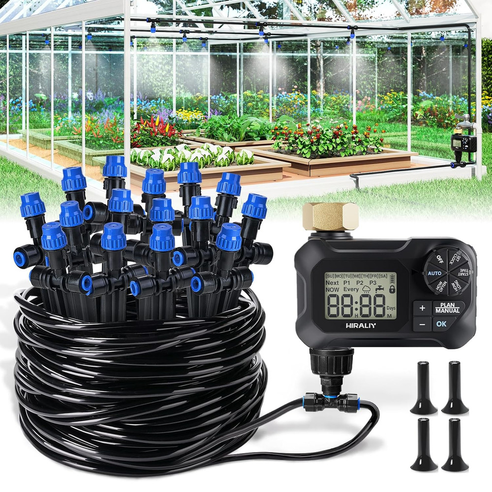 59FT Greenhouse Misting Drip Irrigation Kit with Water Timer, Quick Connector De