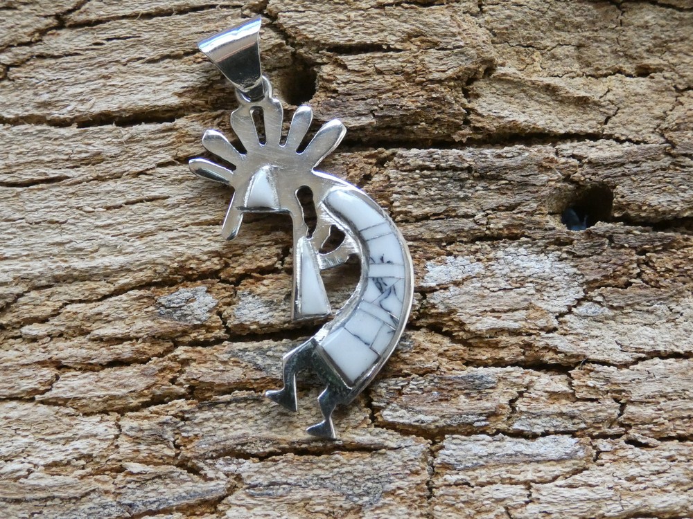 TWO Sided BuffaloTurquoise Multi Gemstone Kokopelli Sterling Silver Pendant AE90