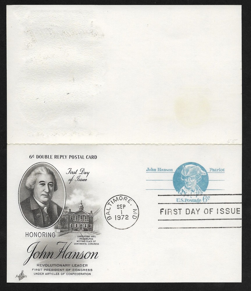 UY23 6c John Hanson & Attached Reply Card - ArtCraft FDC