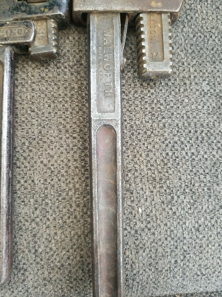 3 Antique Trimont Trimo Monkey Pipe Wrenches 10" & 14" Stillson Walworth