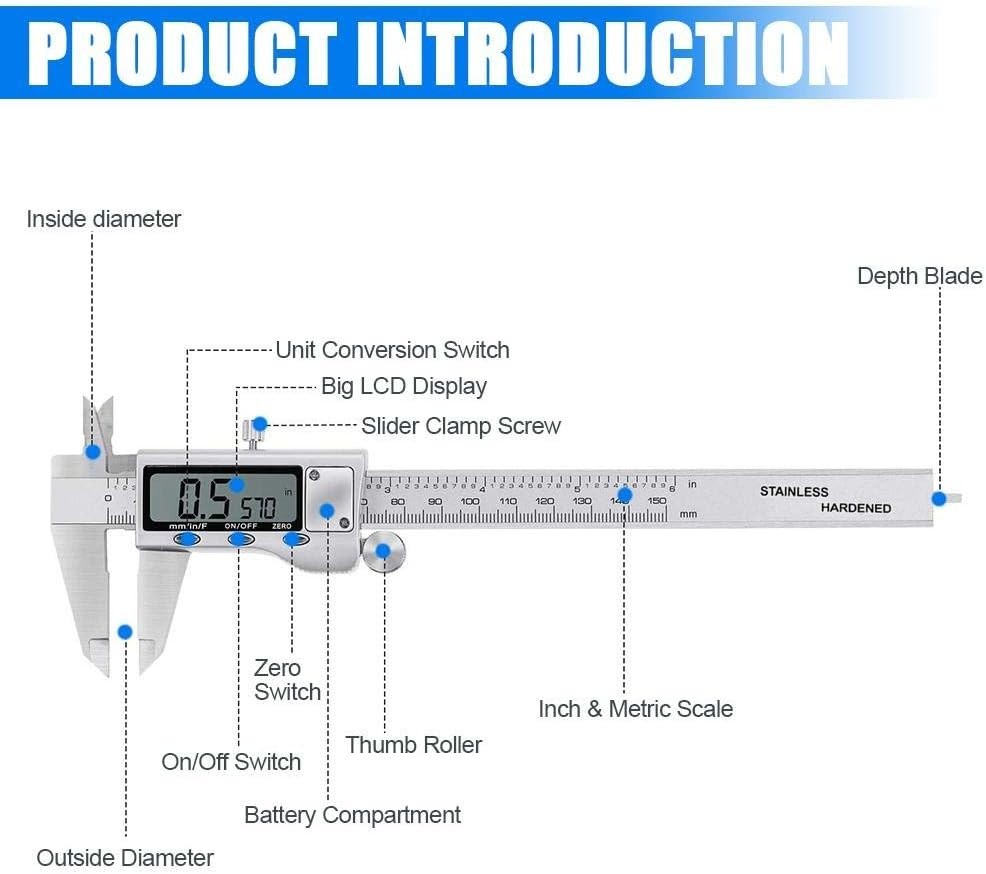 Stainless Steel Digital Caliper Zero Setting Button Differential Measurement